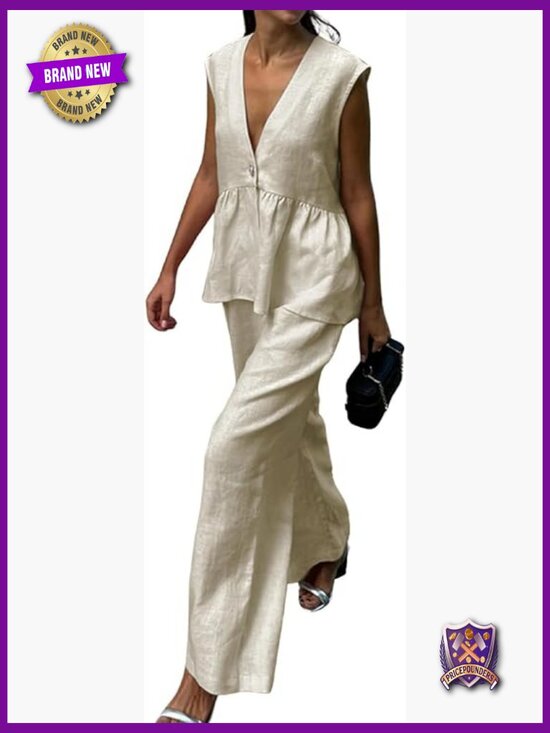 Pants - Sleeveless V Neck Peplum Top & Wide Leg Pant Set, Lounge Set
